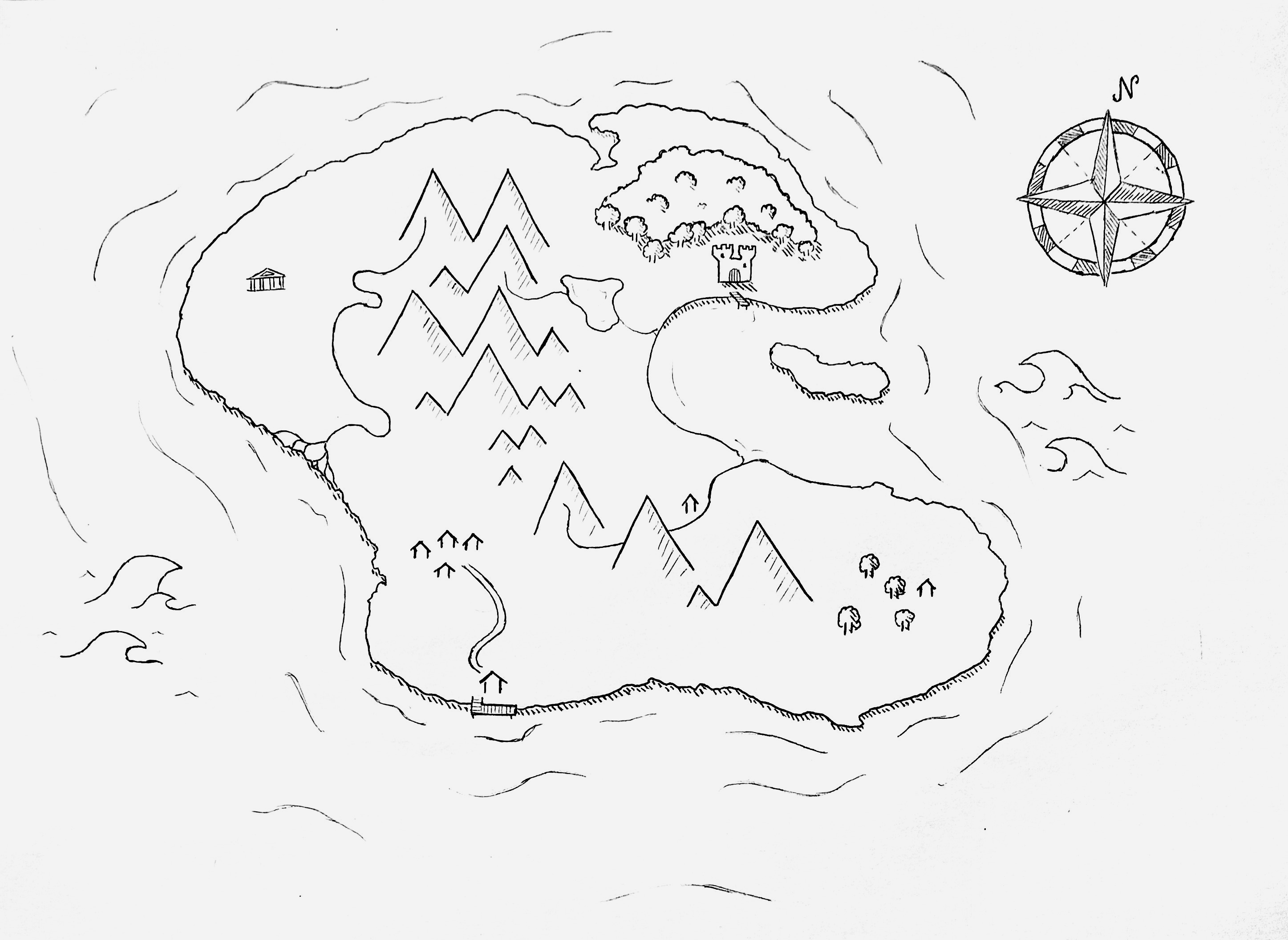 A hand-drawn map of an island with forests, mountains, a winding path, and a compass rose